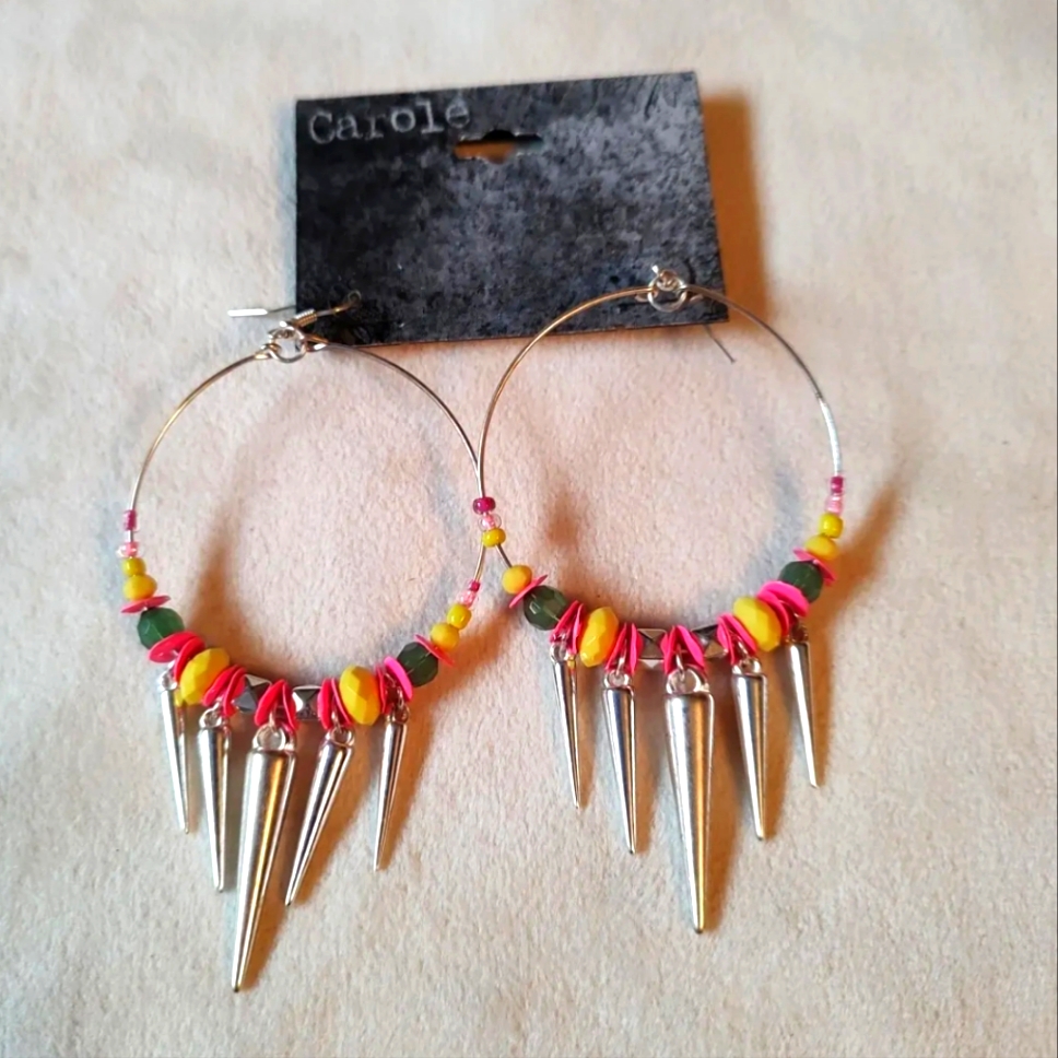 Carole Dangle Pierced Earrings Nwt Beads Sequins Colorful Silver Tarnished Tone